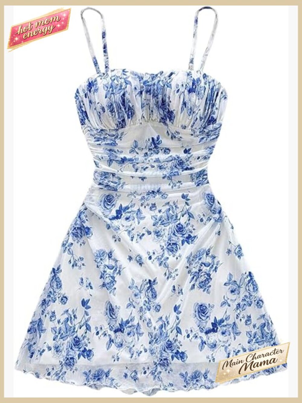 Floral Ruched Cami Dress Spaghetti Strap Ruffle Hem Mesh Mini